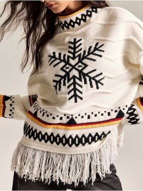 White and Black Snowflake Sweater with Fringe